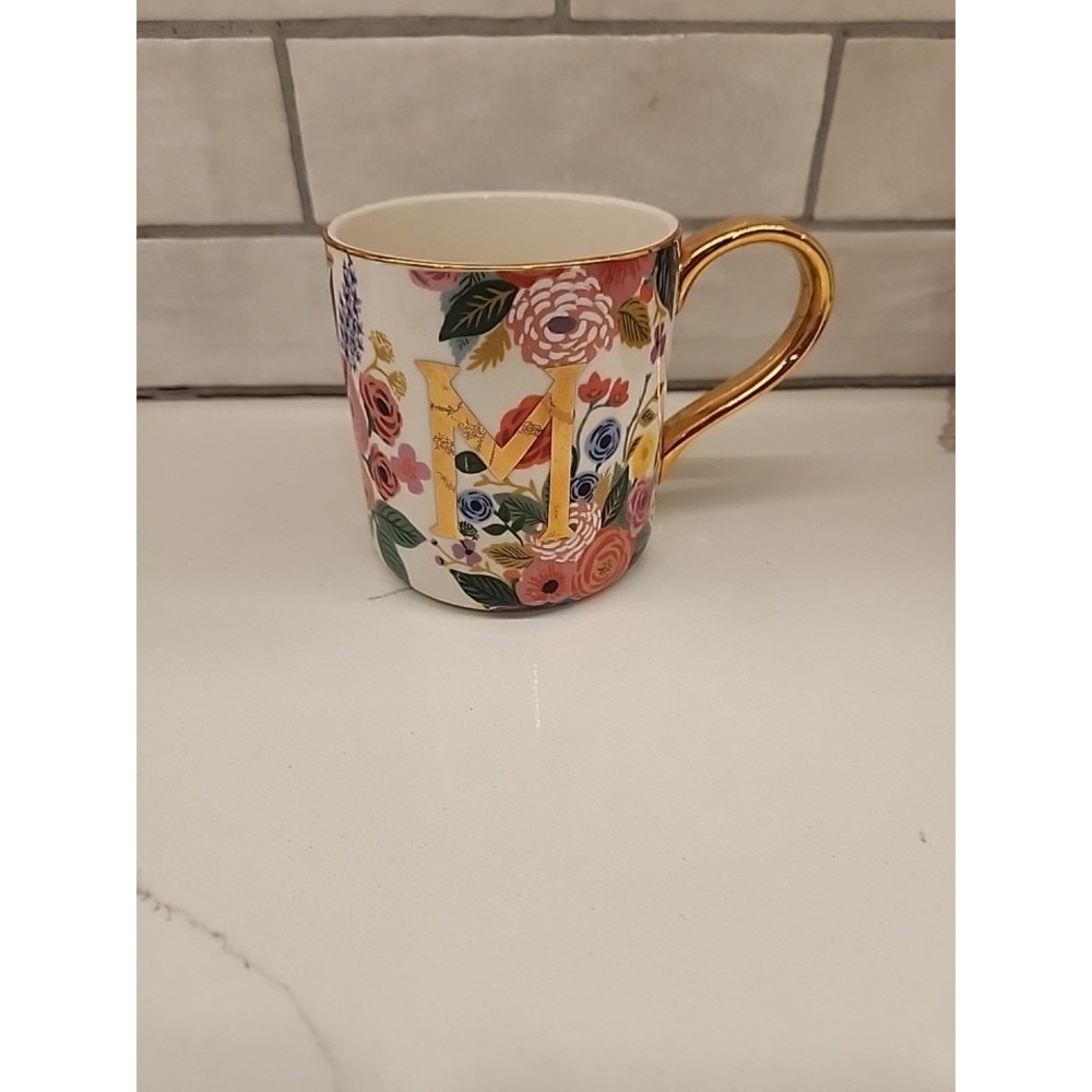 Anthropologie‎ Rifle Paper Company Coffee Tea Mug Cup Floral Gold Monogram "M"